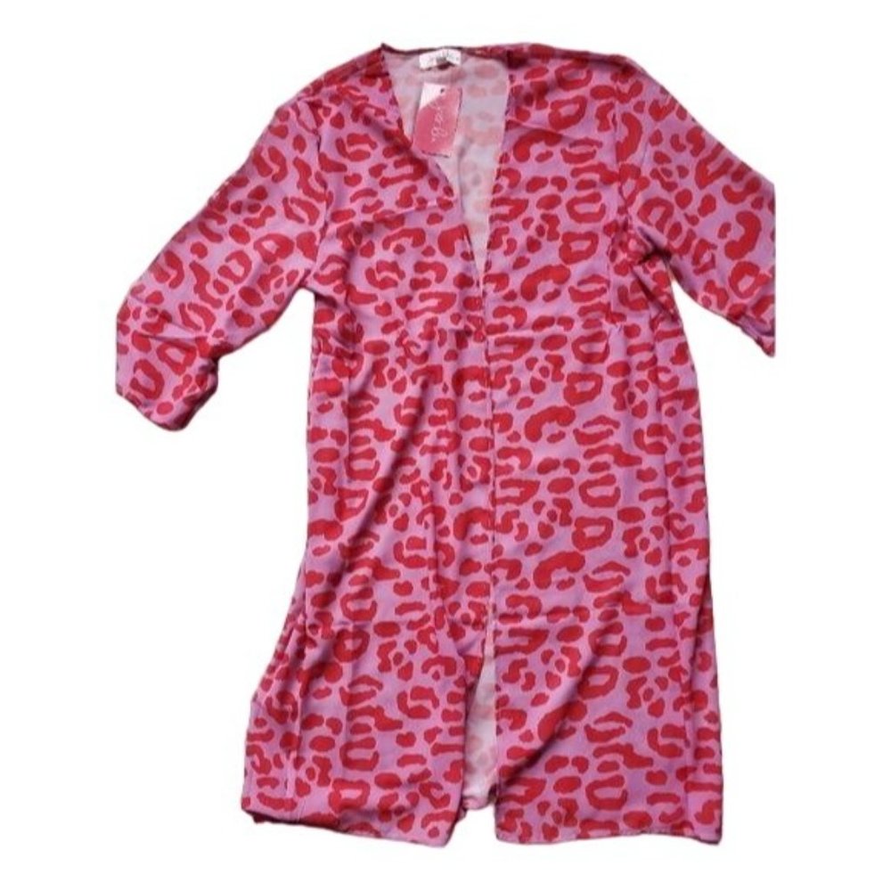 New W/Tags One Size Jess Lea feeling sassy leopard kimono Pink and Red Sheer - Picture 4 of 12